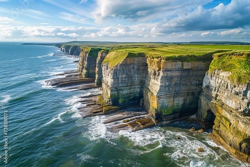 Drone shot of rugged coastal cliffs meeting the turbulent sea