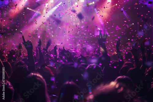Dynamic concert scene with a lively crowd Vibrant stage lights And floating confetti. capturing the energy of live music events.