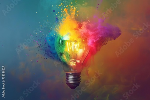 Explosion of creativity with a light bulb dispersing a rainbow of colors. concept of brainstorming and innovation