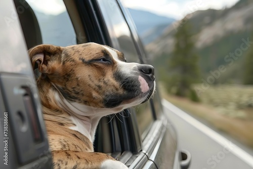 Joyful puppy enjoying a road trip Breeze fluttering through fur Embodying freedom and happiness on an open road adventure.