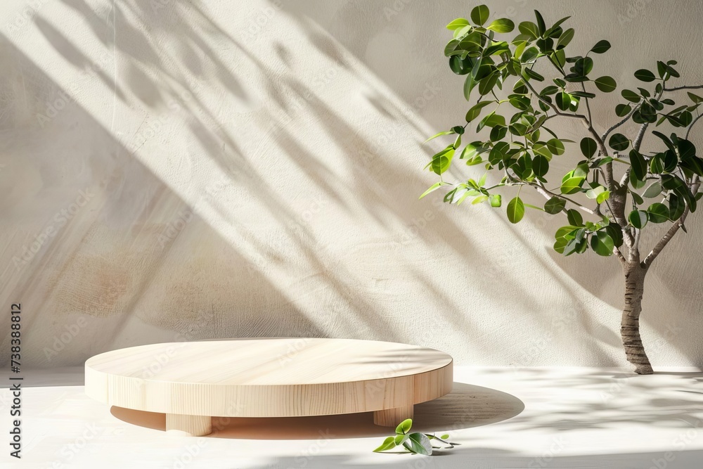 Minimal wooden podium in natural light Ideal for product presentations or as a serene backdrop for showcasing items with elegance. Minimal wooden podium in natural light Ideal for product presentations or as a serene backdrop for showcasing items with elegance.