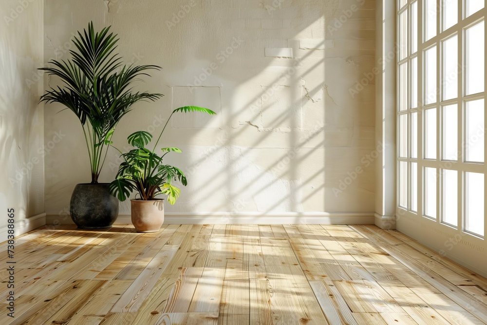 Minimalist room with wooden floors and lush indoor plants Epitomizing calm and simplicity - obrazy, fototapety, plakaty 
