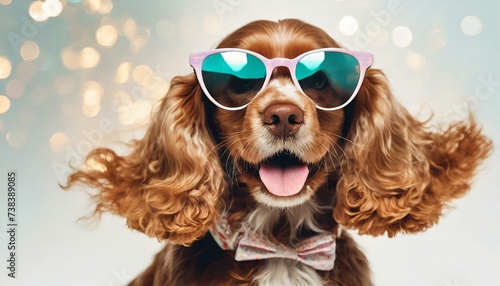 Party time for birthday. English cocker spaniel young dog is posing. Cute playful brown doggy or pet in sunglasses isolated on white background