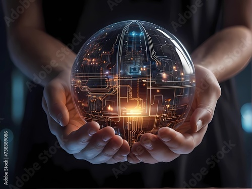 Ethical AI Development and Use. Balance of technology and humanity in ethical AI development. Human hands holding transparent, glowing orb representing an A