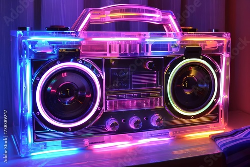 Retro boombox with vibrant neon lights Evoking the spirit of the 80s music scene. a nostalgic piece for music lovers and collectors.