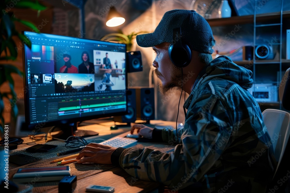 Video editor working on a film project in a modern studio Using advanced editing software to enhance visual and audio elements