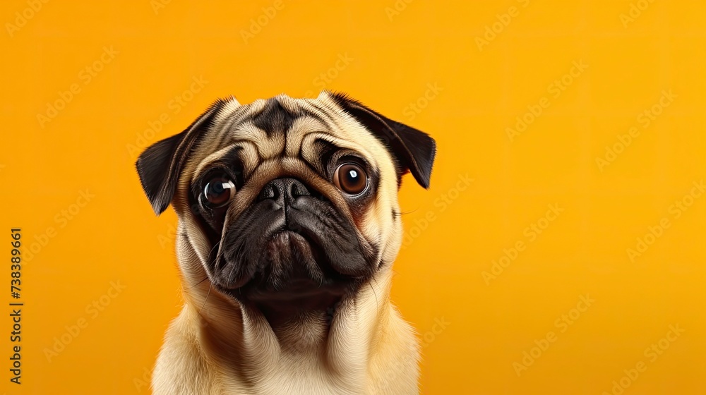 pug dog on a one color background, copy space, realistic - generative ai