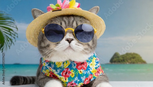 Songkran and summer season concept with scottish cat wearing summer cloth and sunglasses on white background © adobedesigner