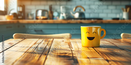 Yellow mug with happy face on table in the morning