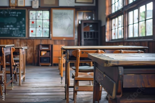 Vintage classroom interior with wooden desks and chairs Capturing the essence of traditional education spaces.