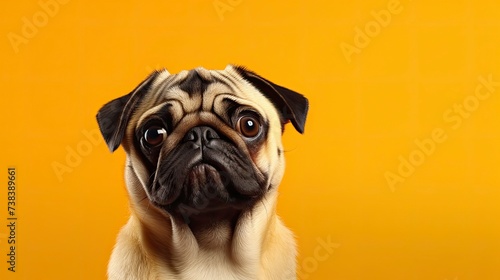 pug dog on a one color background, copy space, realistic - generative ai photo