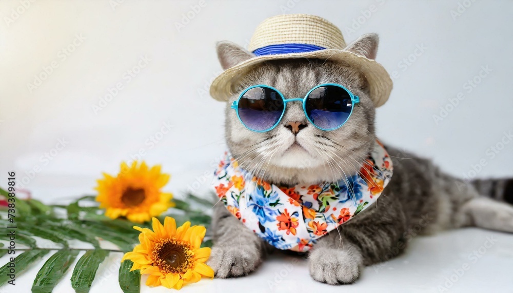Songkran and summer season concept with scottish cat wearing summer cloth and sunglasses on white background