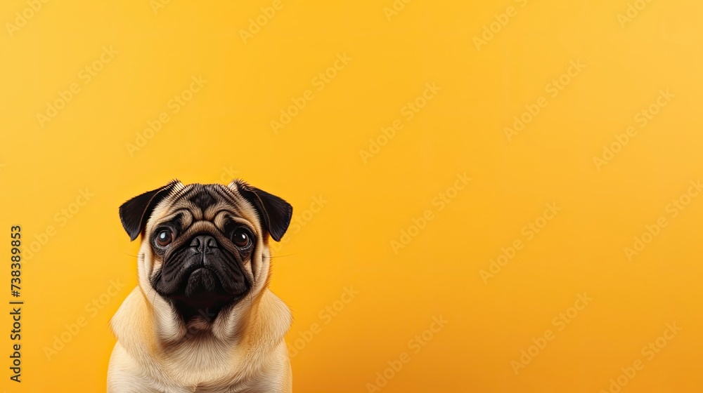 pug dog on a one color background, copy space, realistic - generative ai