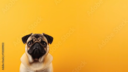 pug dog on a one color background, copy space, realistic - generative ai