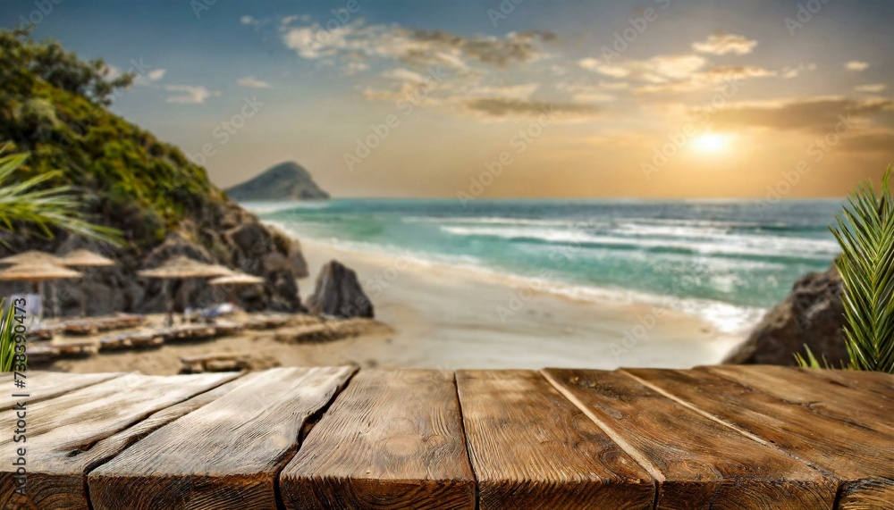 Wooden desk of free space and summer beach Wooden desk of free space and summer beach
