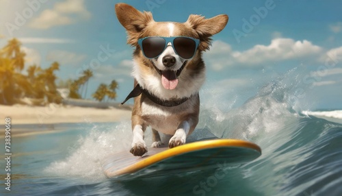 Dog surfing on a surfboard wearing sunglasses at the ocean shore. Blue sky © adobedesigner