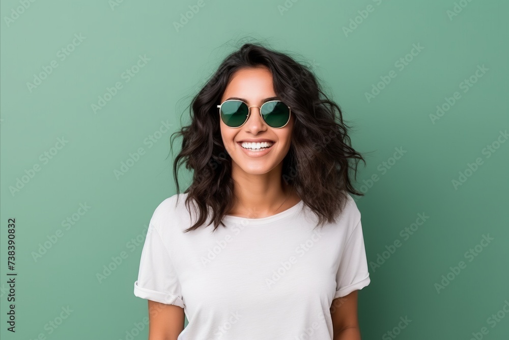 Portrait of a beautiful young woman wearing sunglasses on a green background Portrait of a beautiful young woman wearing sunglasses on a green background