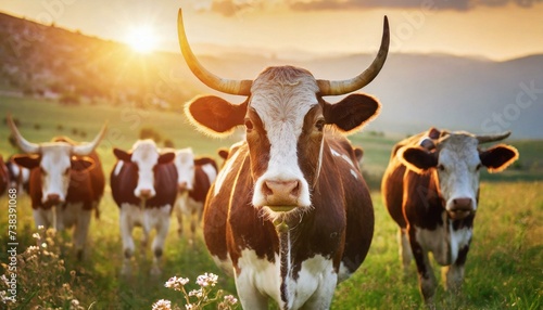 Cows herd on a grass field during the summer at sunset. A cow is looking at the camera sun rays are piercing behind her horns.