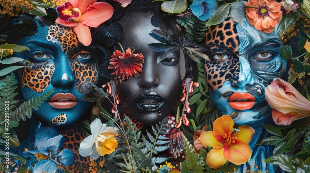 A fashion collage that blends elements of nature with avant-garde attire, models' faces emerging from a bed of lush foliage, flowers, and animal prints