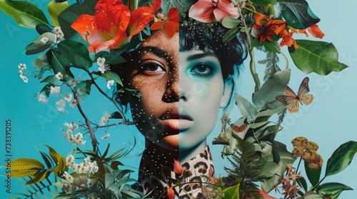 Avant-Garde in Nature's Embrace Collage: Fashion Melds with Foliage, Floral, and Animal Patterns