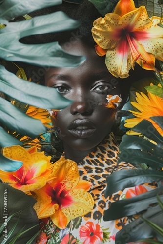 A fashion collage that blends elements of nature with avant-garde attire, models' faces emerging from a bed of lush foliage, flowers, and animal prints