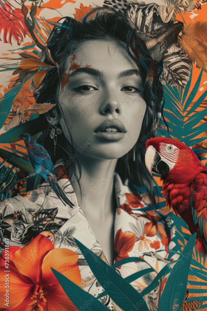 Exotic Foliage and Geometric Fashion Collage: Sharp Angles Softened by Nature's Curves and Enigmatic Models