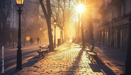 Colorful street photo of beautiful morning streets in the rays of the rising sun photo