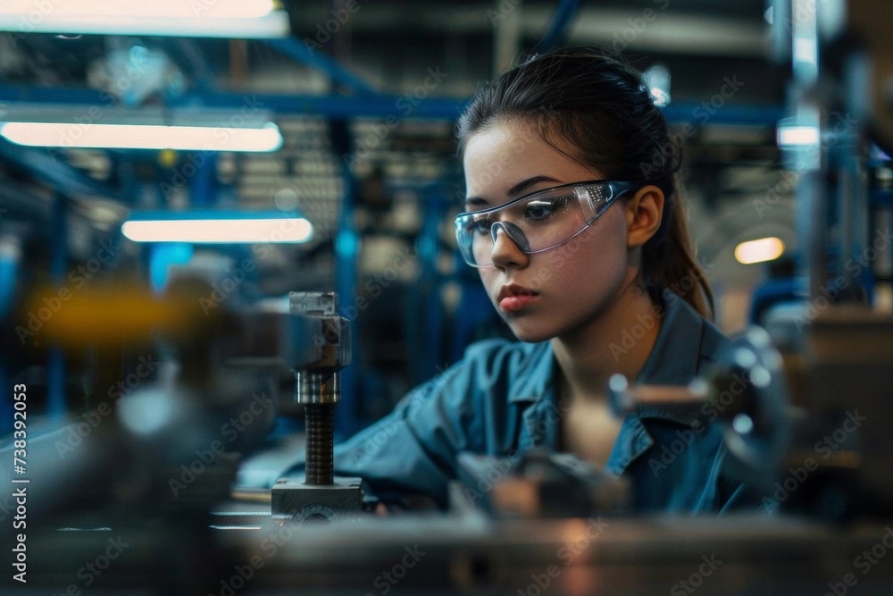 Confident woman operating advanced machinery in an automotive factory Showcasing skill and precision in a high-tech manufacturing environment
