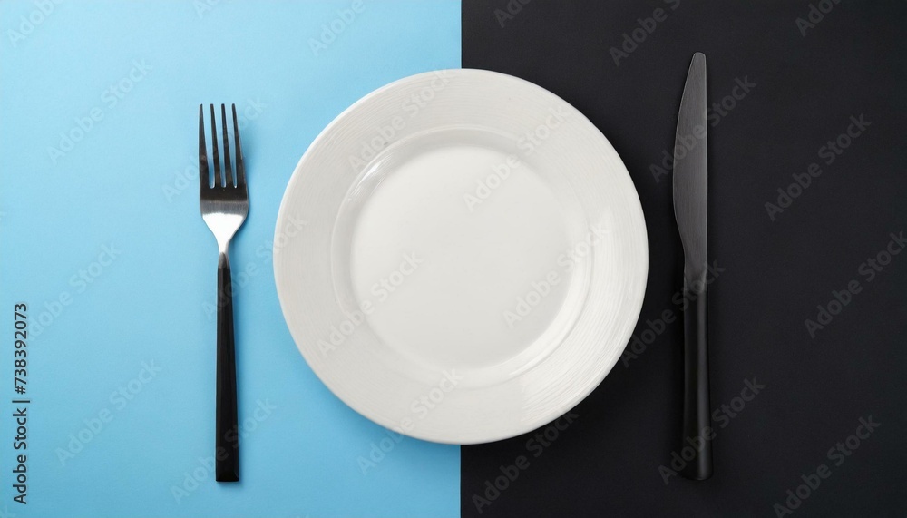 Empty wite plate on black and blue pastel background. Top view with copy space. Empty wite plate on black and blue pastel background. Top view with copy space.