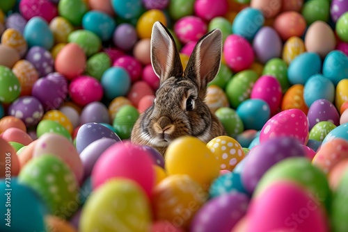 Colorful easter celebration with a festive bunny surrounded by a multitude of vibrant eggs