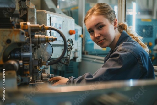 Confident woman operating advanced machinery in an automotive factory Showcasing skill and precision in a high-tech manufacturing environment