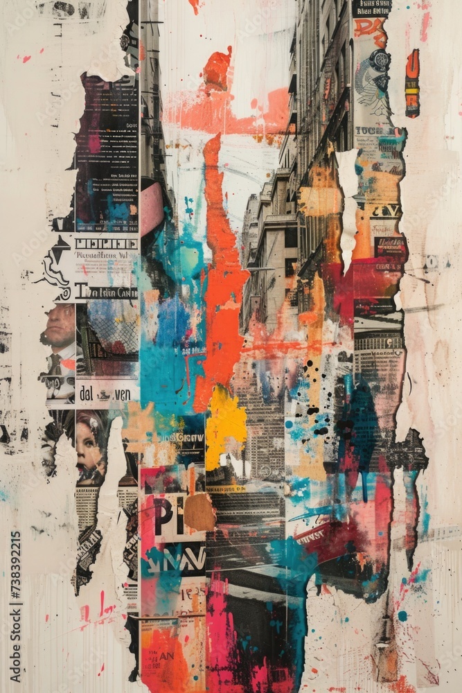 Abstract Urban Life Collage: Magazine Fragments and Paint Strokes Melded with Cultural Imagery