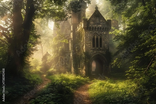 Enchanted fairy tale castle in a mystical forest clearing Bathed in soft Ethereal light.