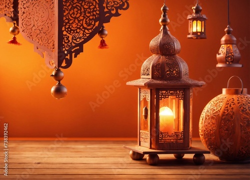 Ramadan Kareem Lantern, Moon In Night, dates Iftar, Blurry Arabic City In Background, Traditional Muslim Concept.