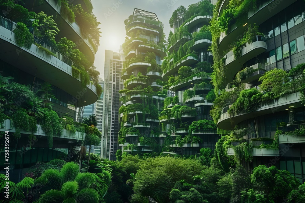 Futuristic urban development blending high-rise buildings with lush ...