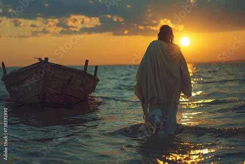 Jesus christ inspiring hope and guidance Walking on water towards a boat at dusk A powerful symbol of faith and miracles