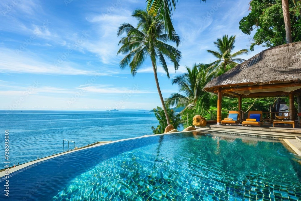 Luxurious tropical resort with infinity pool overlooking the ocean. palm trees and cabanas enhance the sense of an exclusive getaway Luxurious tropical resort with infinity pool overlooking the ocean. palm trees and cabanas enhance the sense of an exclusive getaway