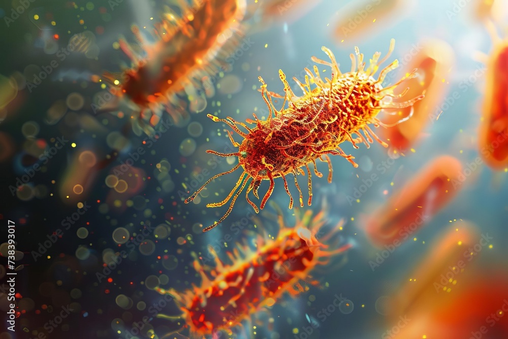 Macro shot showcasing the intricate details of bacteria and virus cells Highlighted in a scientific setting for educational or research purposes Macro shot showcasing the intricate details of bacteria and virus cells Highlighted in a scientific setting for educational or research purposes