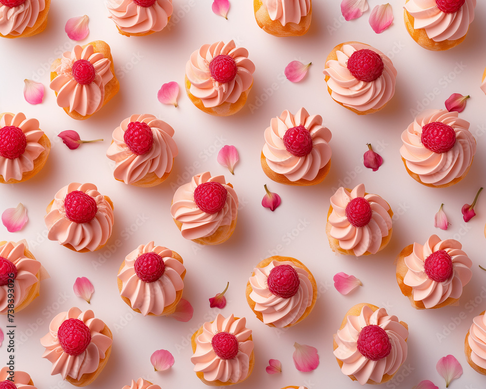 A sweet and decadent display of confectionery perfection, with pastel pink frosting and juicy raspberries adorning fluffy cupcakes on a light pink background, pattern flat lay. Raspberry cupcakes eleg A sweet and decadent display of confectionery perfection, with pastel pink frosting and juicy raspberries adorning fluffy cupcakes on a light pink background, pattern flat lay. Raspberry cupcakes eleg