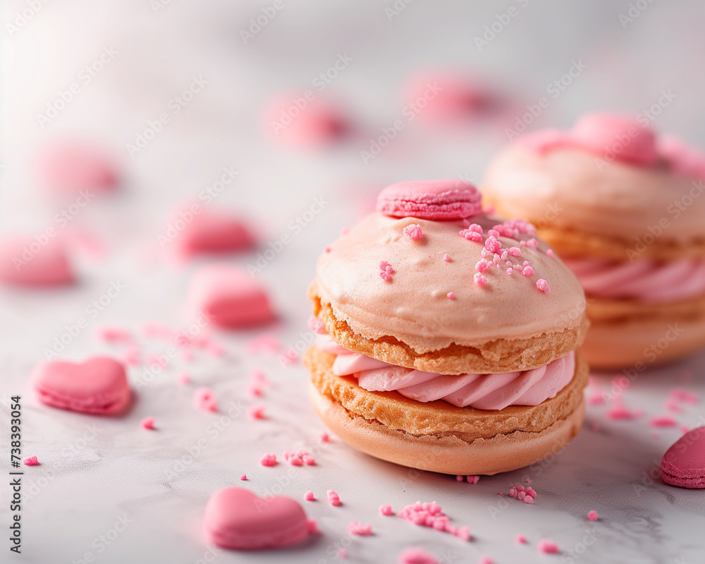 Sweet perfection of two delectable pink treats decorated with creamy frosting, pink sprinkles and heart-shaped candies on the top. Sweet delight of celebrating love.
