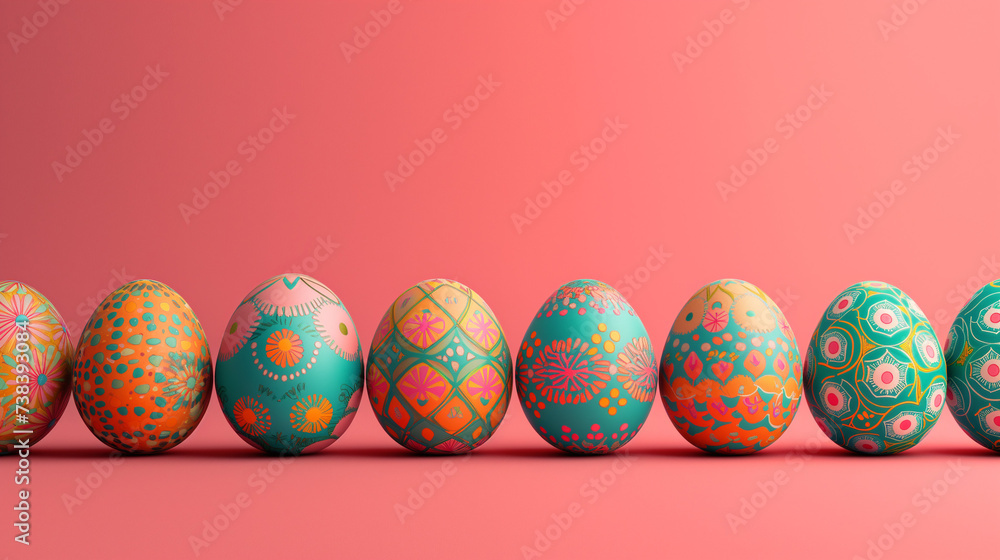 Row of vibrantly decorated Easter eggs against a soft coral pink background. Easter greeting card background. Flat lay, copy space, banner format. Row of vibrantly decorated Easter eggs against a soft coral pink background. Easter greeting card background. Flat lay, copy space, banner format.