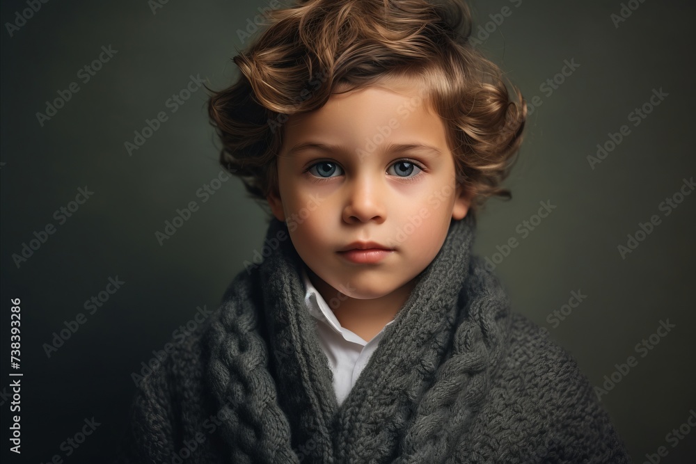 Portrait of a cute little boy in a gray sweater and scarf. Portrait of a cute little boy in a gray sweater and scarf.
