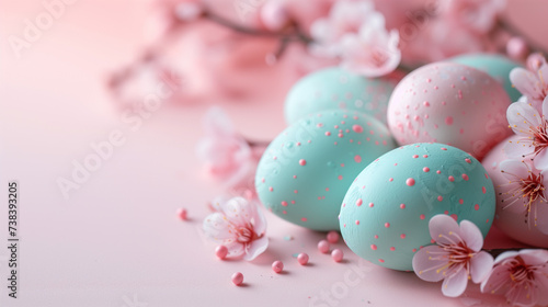 Delicate and elegant pastel Easter eggs composition. Turquoise and pink Easter eggs next to delicate cherry blossoms on a light pink background with copy space. Easter holiday concept.