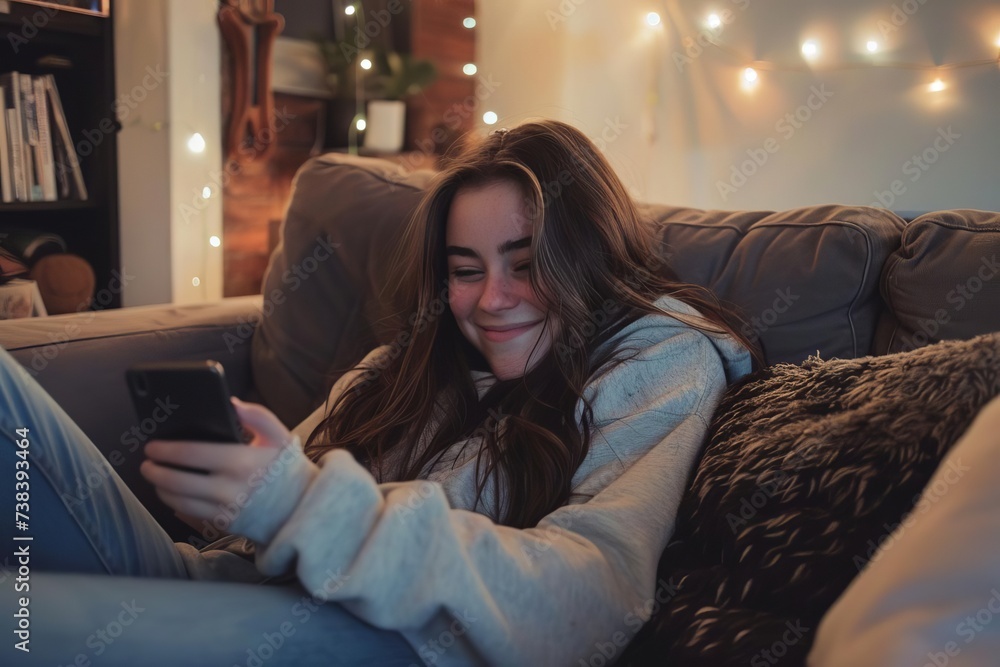 Smiling young woman relaxing on a sofa with her smartphone Enjoying a moment of leisure in a cozy home setting Smiling young woman relaxing on a sofa with her smartphone Enjoying a moment of leisure in a cozy home setting