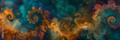 Abstract Fractal Artwork in Warm and Cool Tones, Mystic Floral and Swirl Patterns, Digital Background for Creative Design
