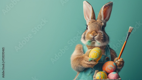 Cute Easter bunny in a painter's apron, holding a paintbrush, ready to apply its artistic touch to an Easter celebration. Happy Easter banner with adorable rabbit. Easter concept. Easter artistry. photo