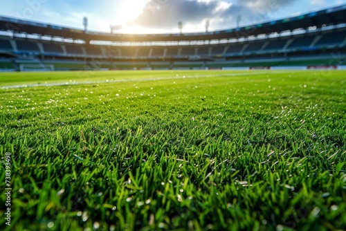 Soccer stadium with a perfectly maintained lawn Ready for a match Capturing the anticipation and excitement of a sporting event