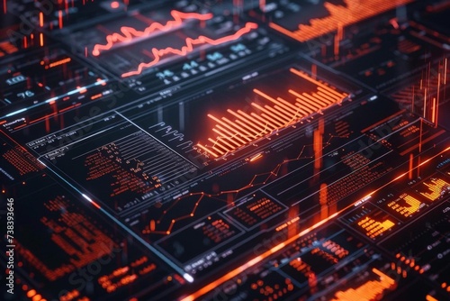 Tech Inferno: Glowing Circuit Board with Data Analytics Visualization