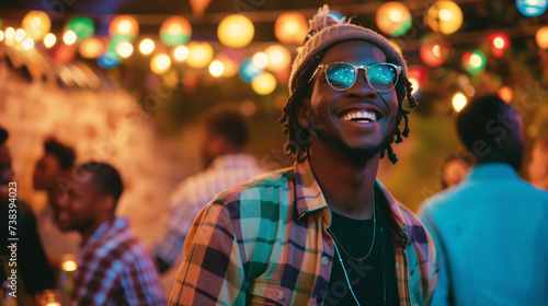 Evening Euphoria: Smiling Young Man Enjoying a Vibrant Party with Friends in a Festively Decorated Venue