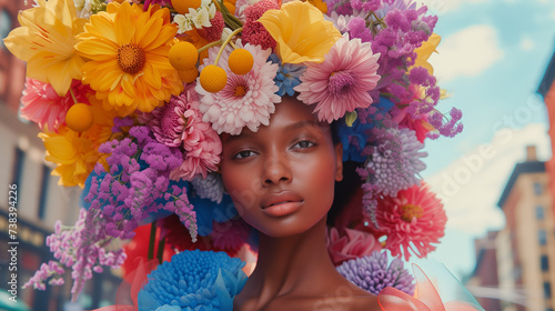 Abstract fashion portrait of a beautiful woman in a hat made of huge bouquet of fresh flowers. Fashion surreal concept. Urban spring flora.
